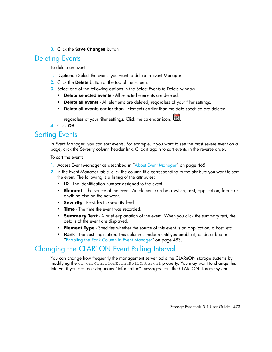 Deleting events, Sorting events, Changing the clariion event polling interval | HP Storage Essentials NAS Manager Software User Manual | Page 505 / 770