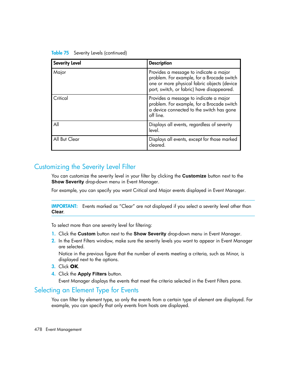 Customizing the severity level filter, Selecting an element type for events, Selecting an element | Type for events | HP Storage Essentials NAS Manager Software User Manual | Page 510 / 770