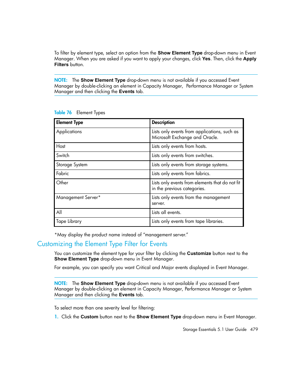 Customizing the element type filter for events, 76 element types | HP Storage Essentials NAS Manager Software User Manual | Page 511 / 770