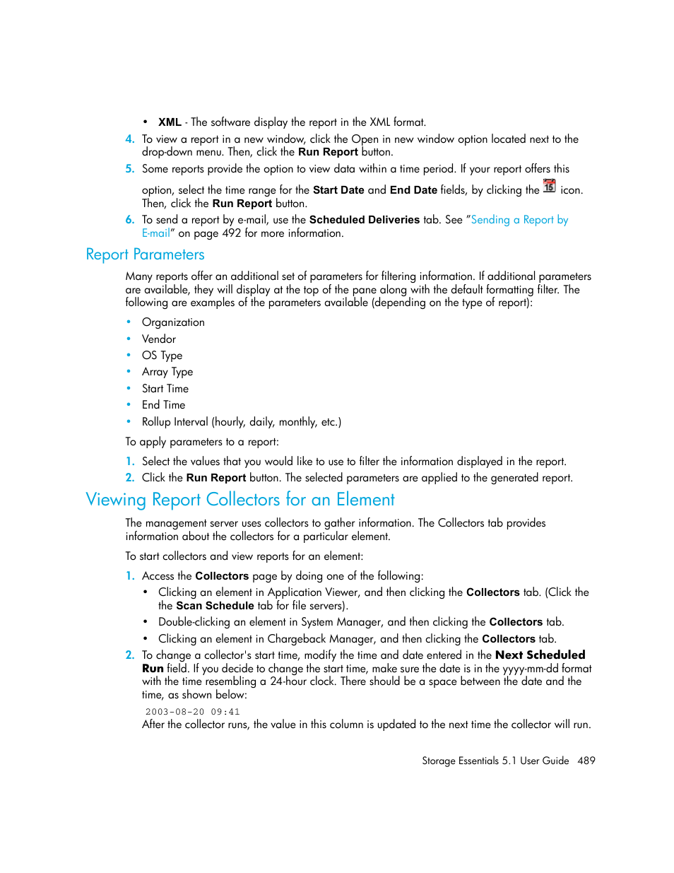 Report parameters, Viewing report collectors for an element | HP Storage Essentials NAS Manager Software User Manual | Page 521 / 770