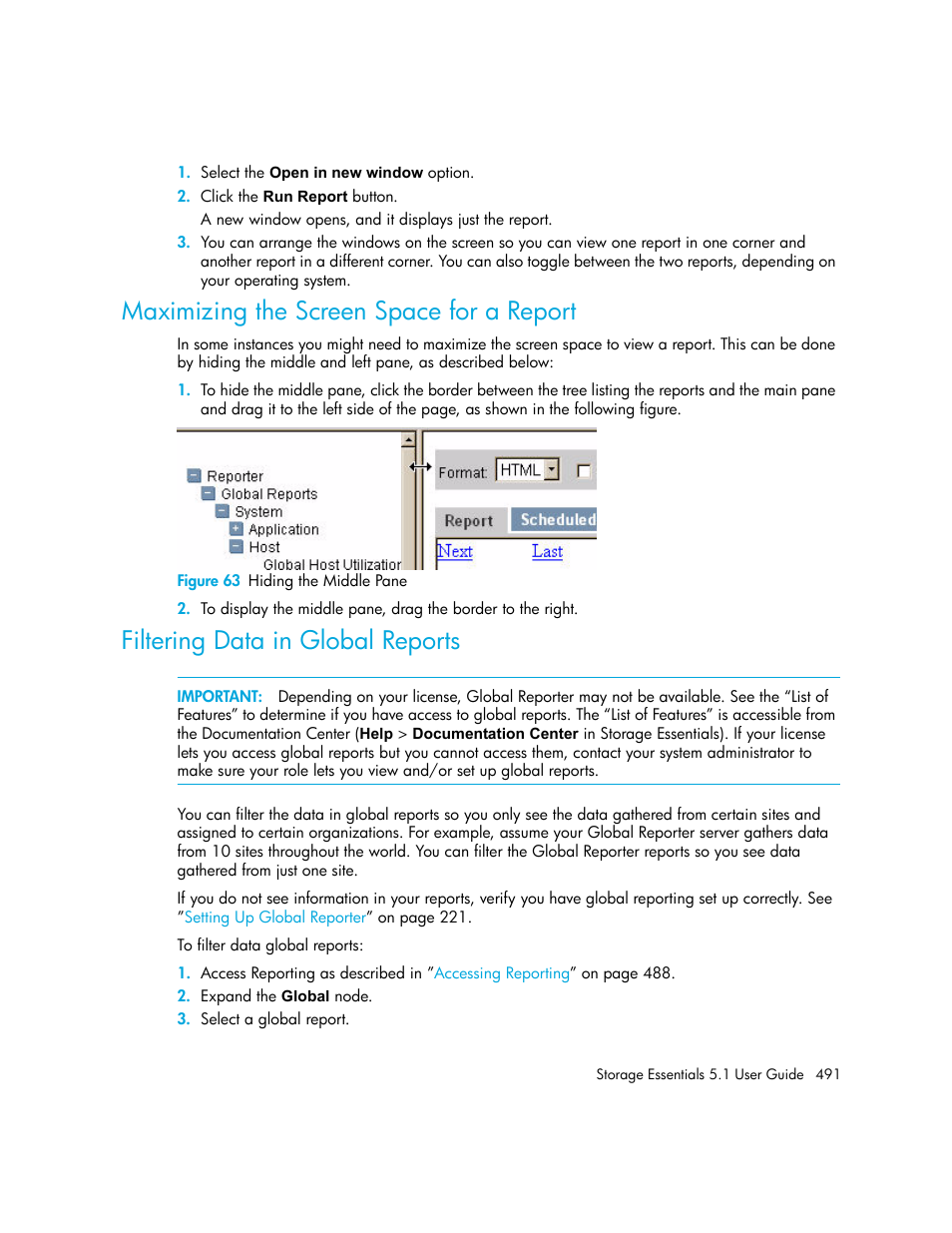 Maximizing the screen space for a report, Filtering data in global reports, 63 hiding the middle pane | HP Storage Essentials NAS Manager Software User Manual | Page 523 / 770