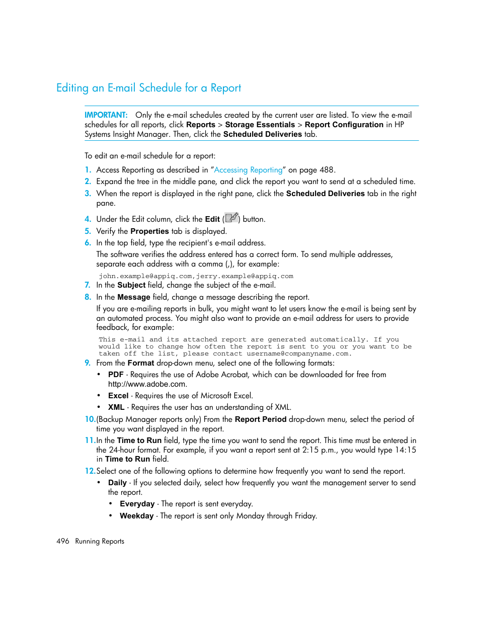 Editing an e-mail schedule for a report, Editing an e-mail, Schedule for a report | HP Storage Essentials NAS Manager Software User Manual | Page 528 / 770