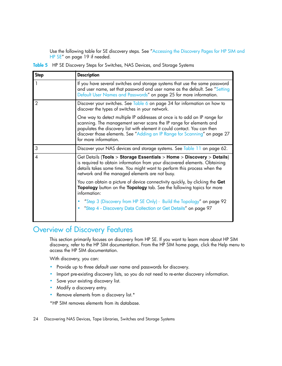 Overview of discovery features, Table 5 | HP Storage Essentials NAS Manager Software User Manual | Page 56 / 770