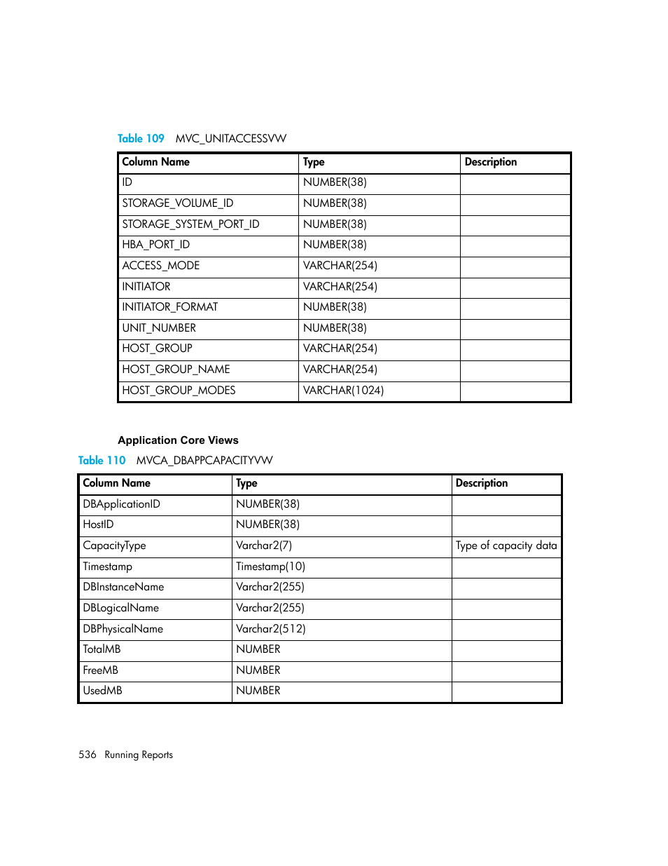 109 mvc_unitaccessvw, 110 mvca_dbappcapacityvw, Table 109 | Table 110 | HP Storage Essentials NAS Manager Software User Manual | Page 568 / 770