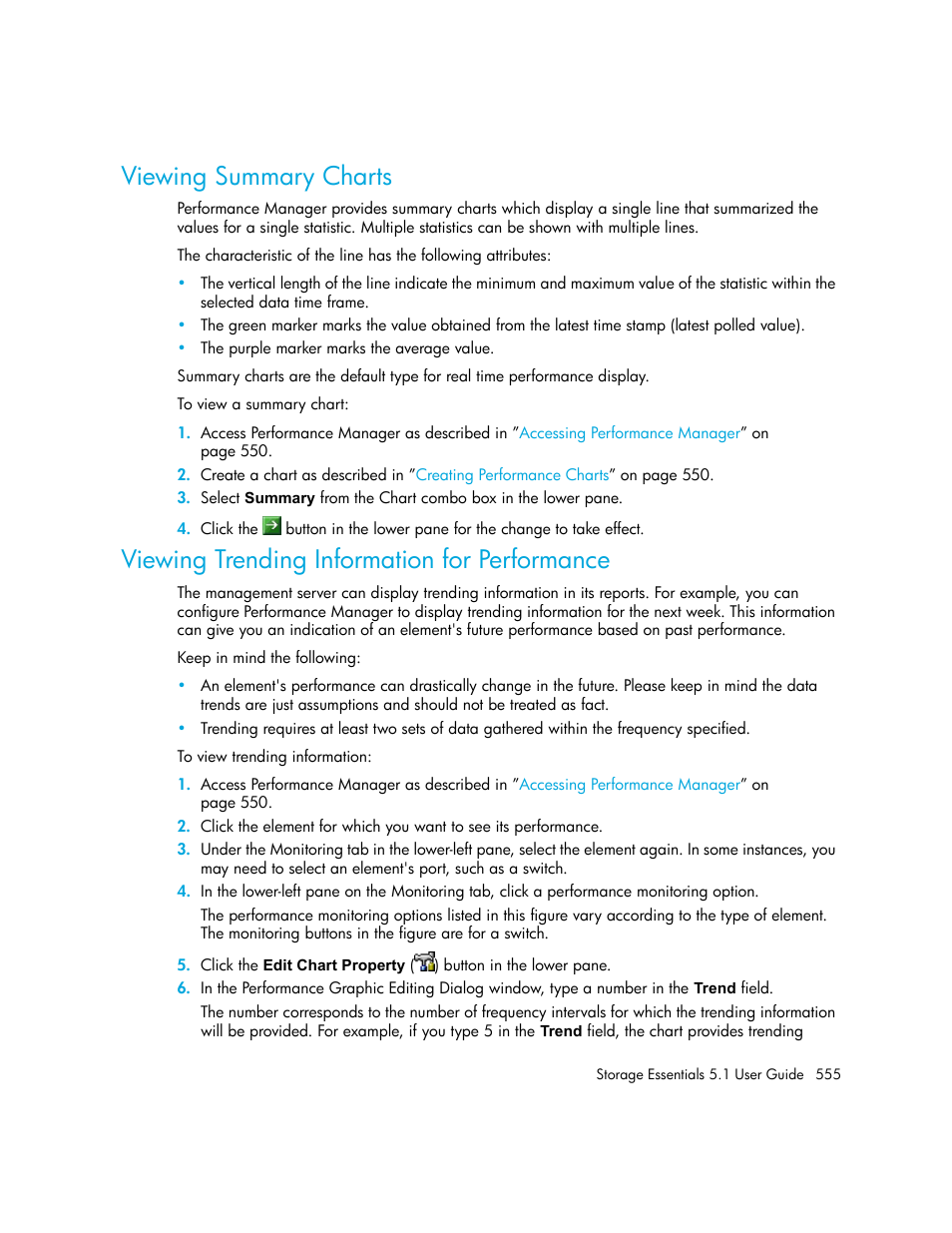 Viewing summary charts, Viewing trending information for performance, Viewing | Summary charts | HP Storage Essentials NAS Manager Software User Manual | Page 587 / 770