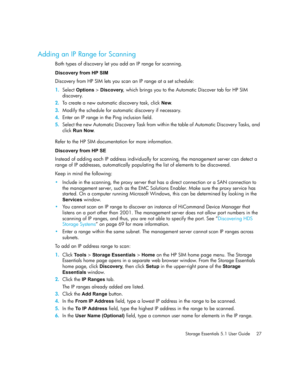 Adding an ip range for scanning, Discovery from hp sim discovery from hp se, Adding an ip range for | Scanning | HP Storage Essentials NAS Manager Software User Manual | Page 59 / 770