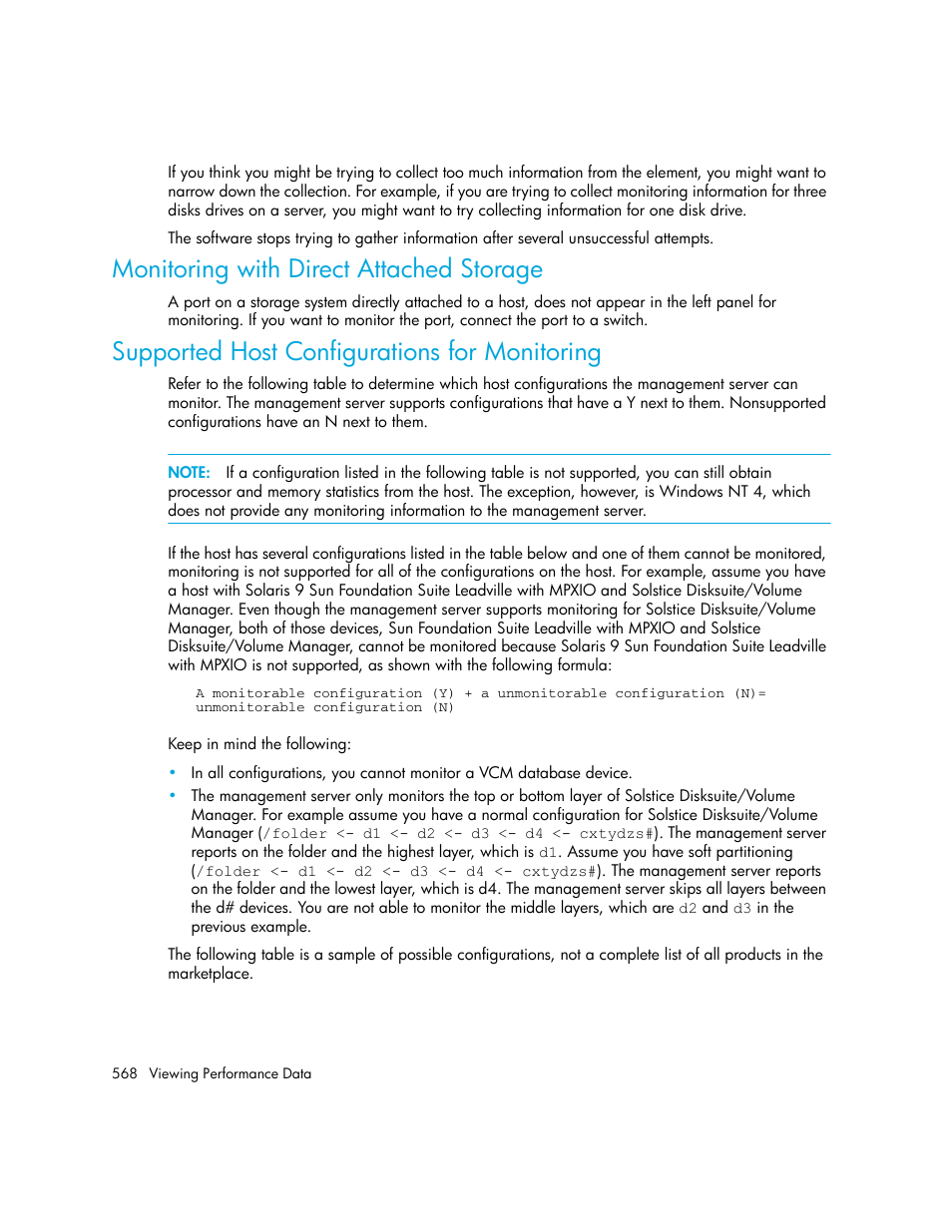 Monitoring with direct attached storage, Supported host configurations for monitoring | HP Storage Essentials NAS Manager Software User Manual | Page 600 / 770