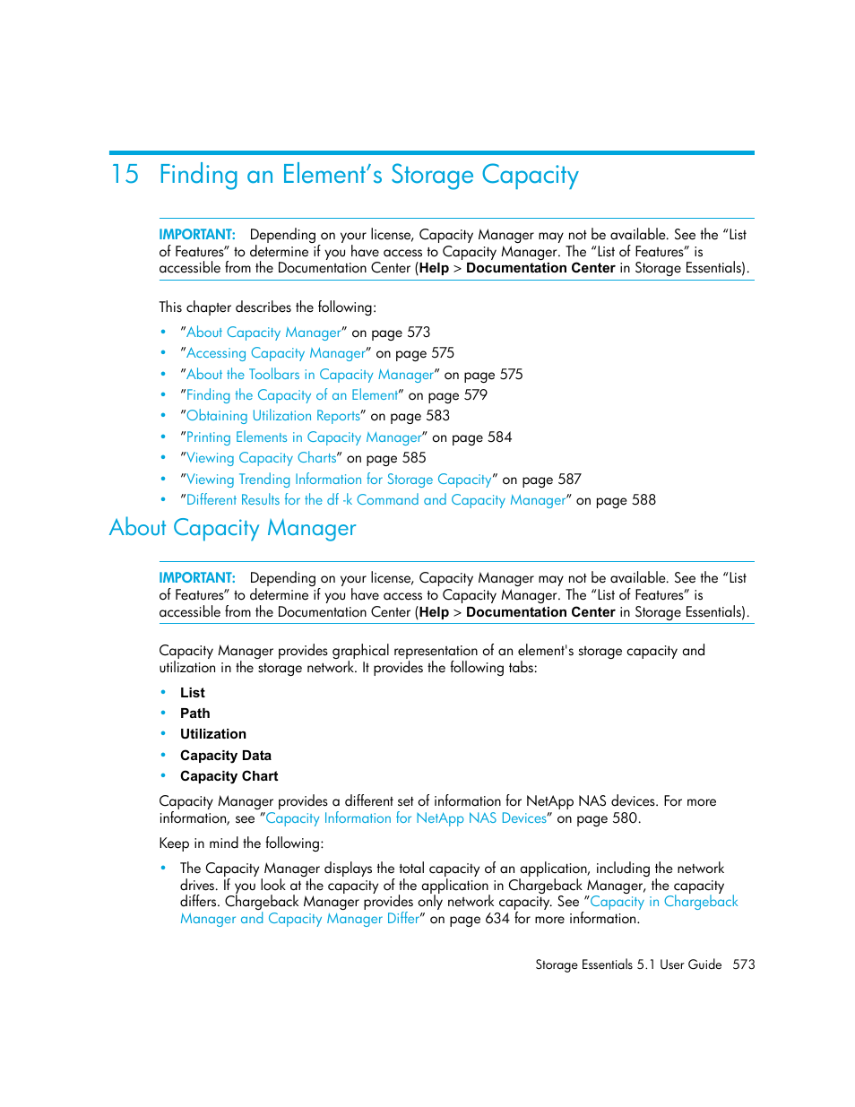 Finding an element’s storage capacity, 15finding an element’s storage capacity, About capacity manager | Finding an element’s storage, Capacity, 15 finding an element’s storage capacity | HP Storage Essentials NAS Manager Software User Manual | Page 605 / 770