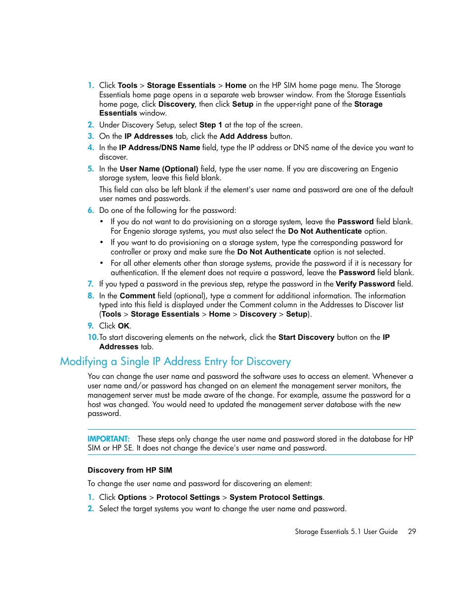 Modifying a single ip address entry for discovery, Discovery from hp sim | HP Storage Essentials NAS Manager Software User Manual | Page 61 / 770