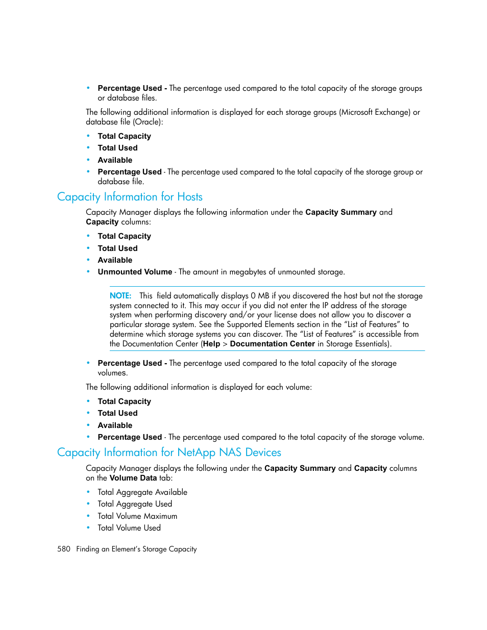 Capacity information for hosts, Capacity information for netapp nas devices | HP Storage Essentials NAS Manager Software User Manual | Page 612 / 770