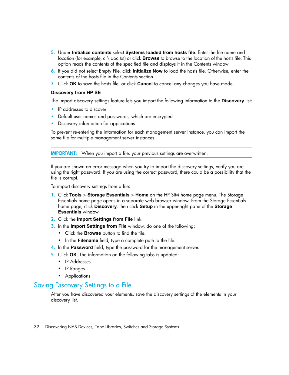 Discovery from hp se, Saving discovery settings to a file | HP Storage Essentials NAS Manager Software User Manual | Page 64 / 770