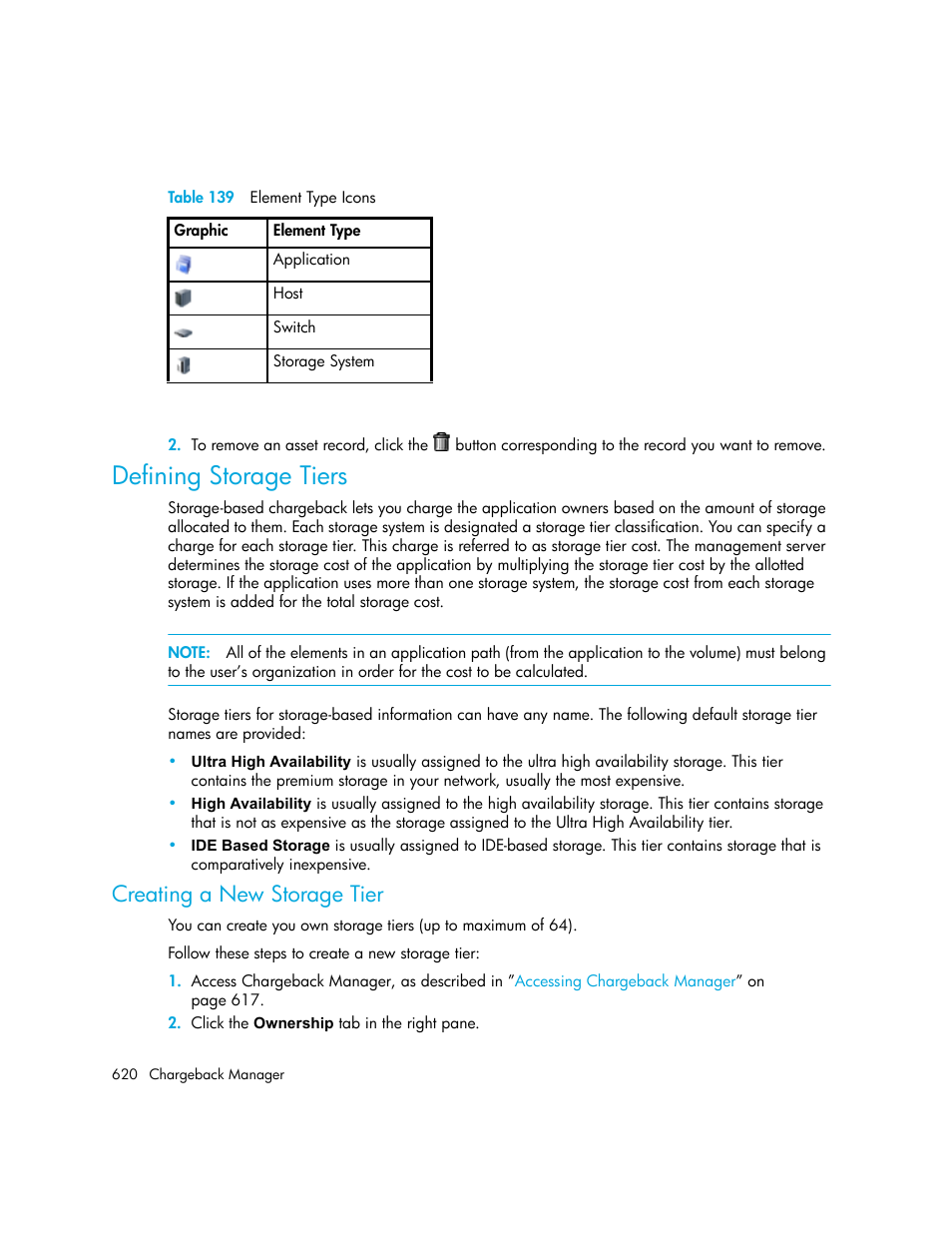 Defining storage tiers, Creating a new storage tier, 139 element type icons | Table 139 | HP Storage Essentials NAS Manager Software User Manual | Page 652 / 770