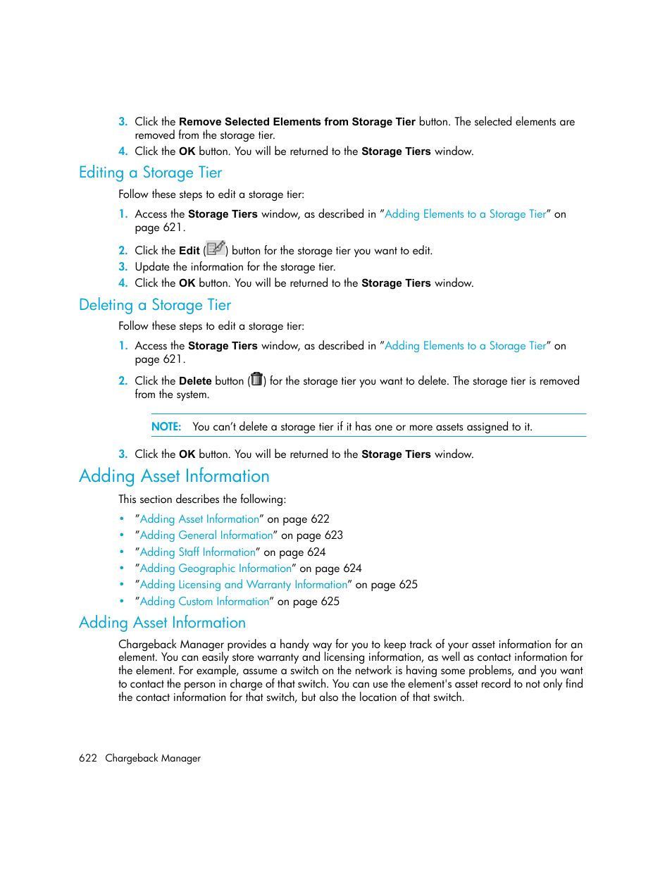 Editing a storage tier, Deleting a storage tier, Adding asset information | HP Storage Essentials NAS Manager Software User Manual | Page 654 / 770