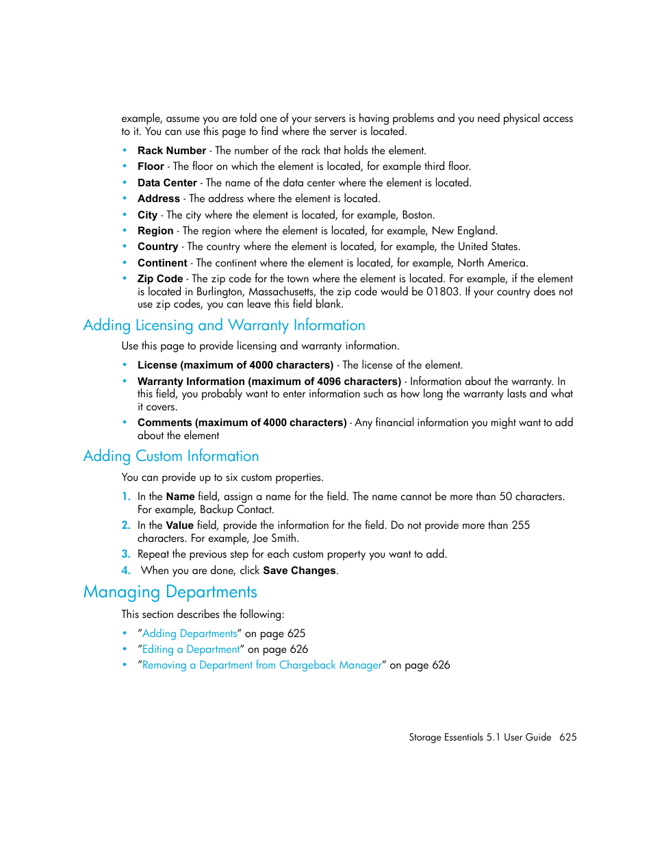 Adding licensing and warranty information, Adding custom information, Managing departments | HP Storage Essentials NAS Manager Software User Manual | Page 657 / 770