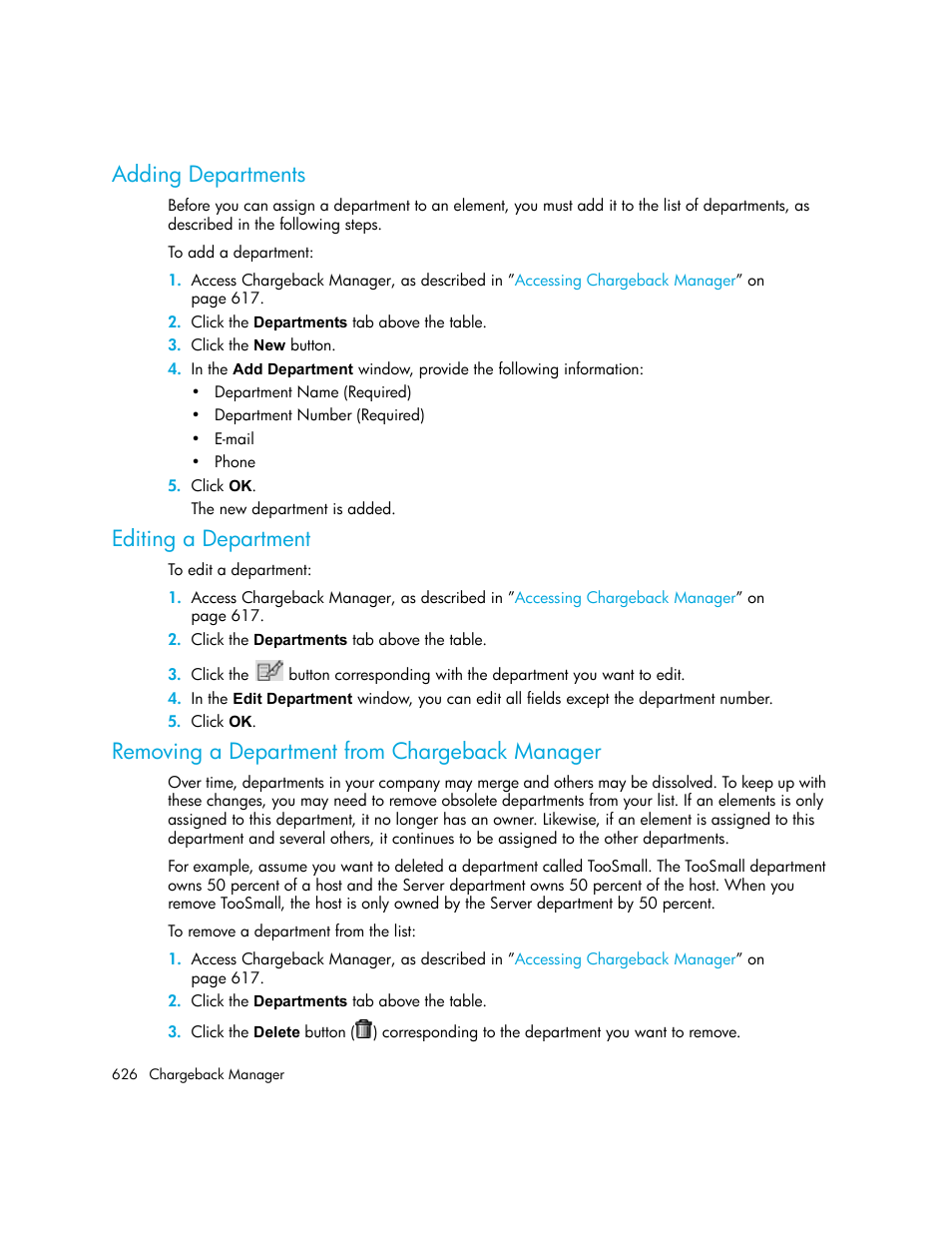 Adding departments, Editing a department, Removing a department from chargeback manager | HP Storage Essentials NAS Manager Software User Manual | Page 658 / 770