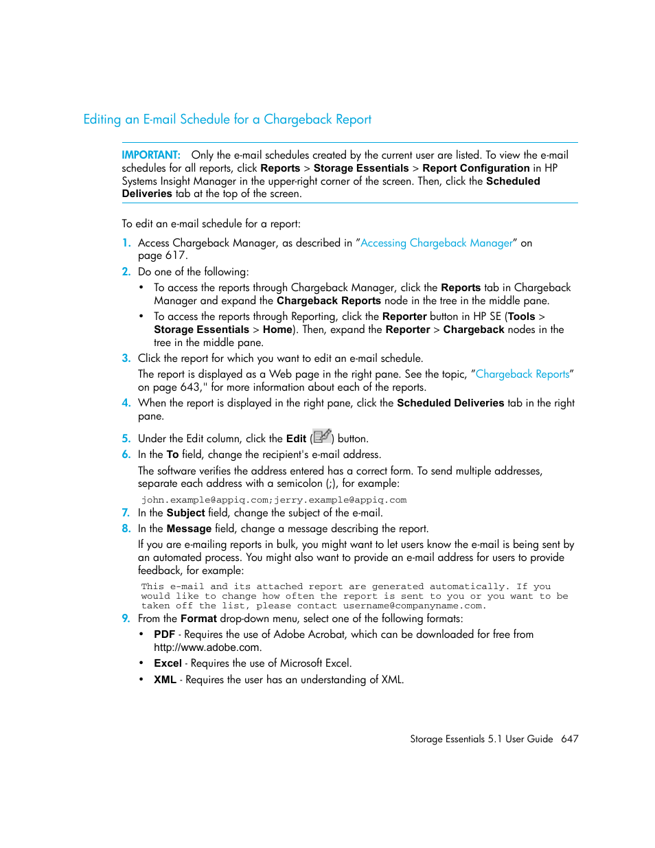 Editing an e-mail schedule for a chargeback report | HP Storage Essentials NAS Manager Software User Manual | Page 679 / 770