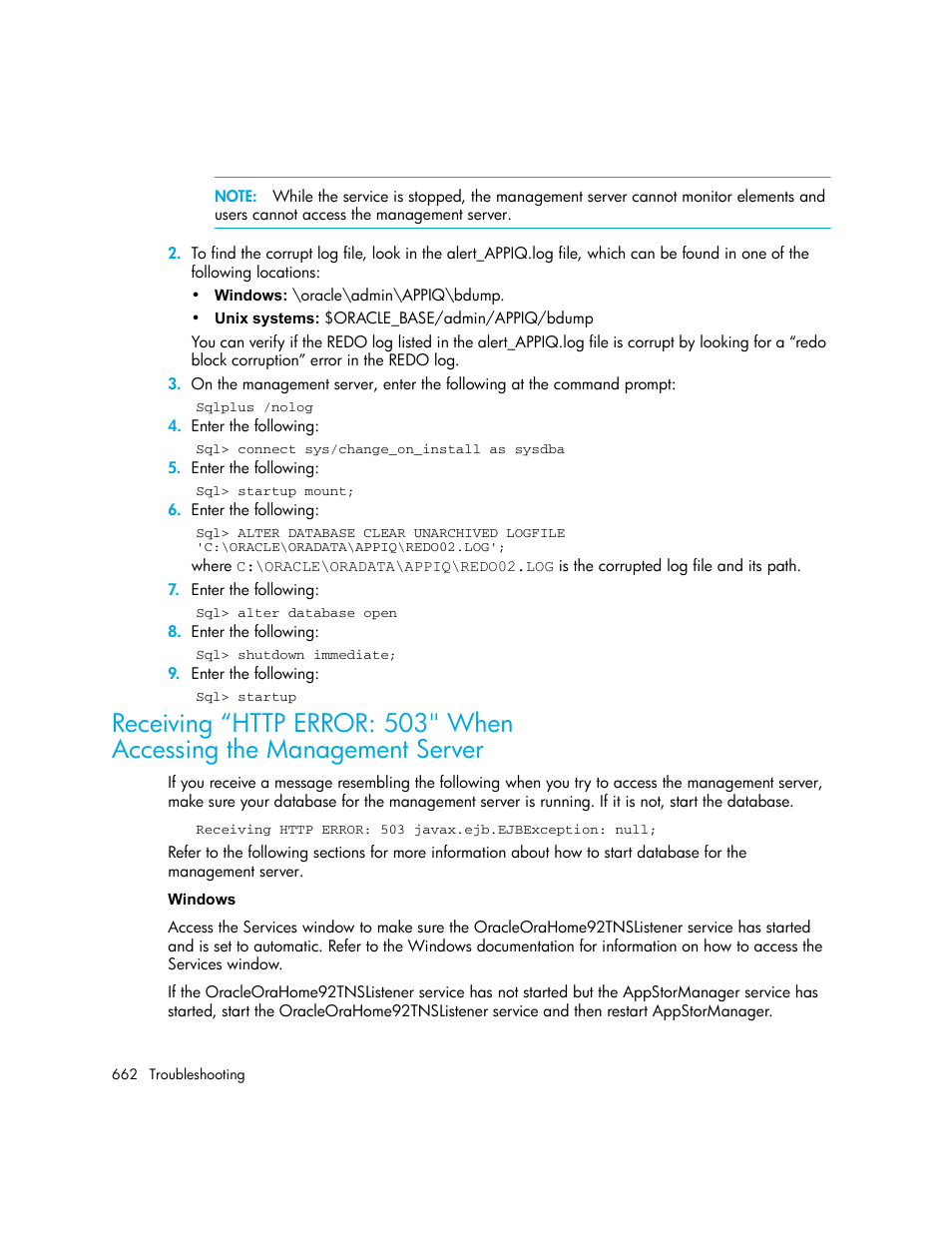 Receiving “http error: 503" when, Accessing the management server | HP Storage Essentials NAS Manager Software User Manual | Page 694 / 770