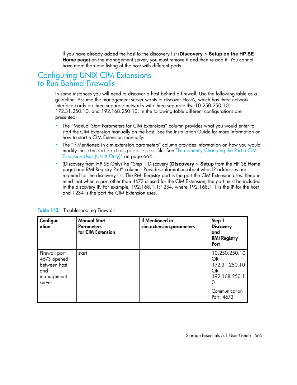 Configuring unix cim extensions, To run behind firewalls, 142 troubleshooting firewalls | HP Storage Essentials NAS Manager Software User Manual | Page 697 / 770