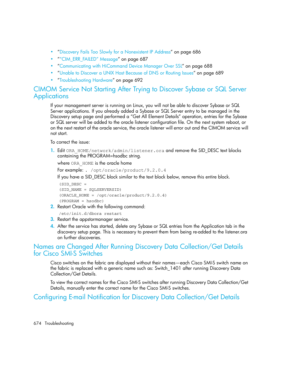 For cisco smi-s switches, Cimom service not starting, Cimom | Switches | HP Storage Essentials NAS Manager Software User Manual | Page 706 / 770