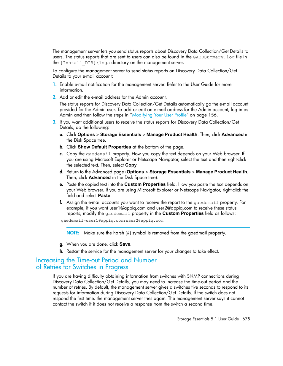 Increasing the time-out period and number, Of retries for switches in progress | HP Storage Essentials NAS Manager Software User Manual | Page 707 / 770