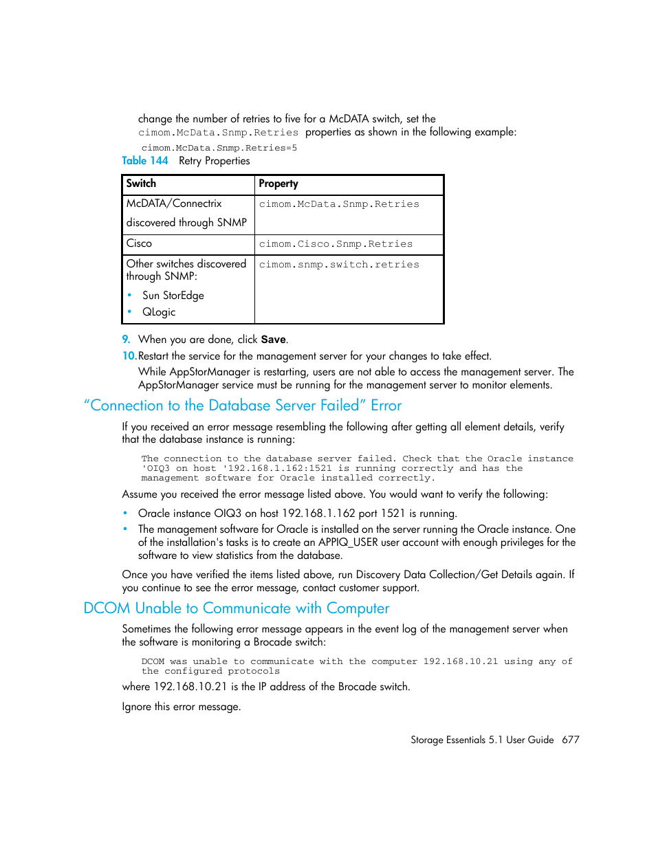 Connection to the database server failed” error, Dcom unable to communicate with computer, 144 retry properties | Table 144 | HP Storage Essentials NAS Manager Software User Manual | Page 709 / 770