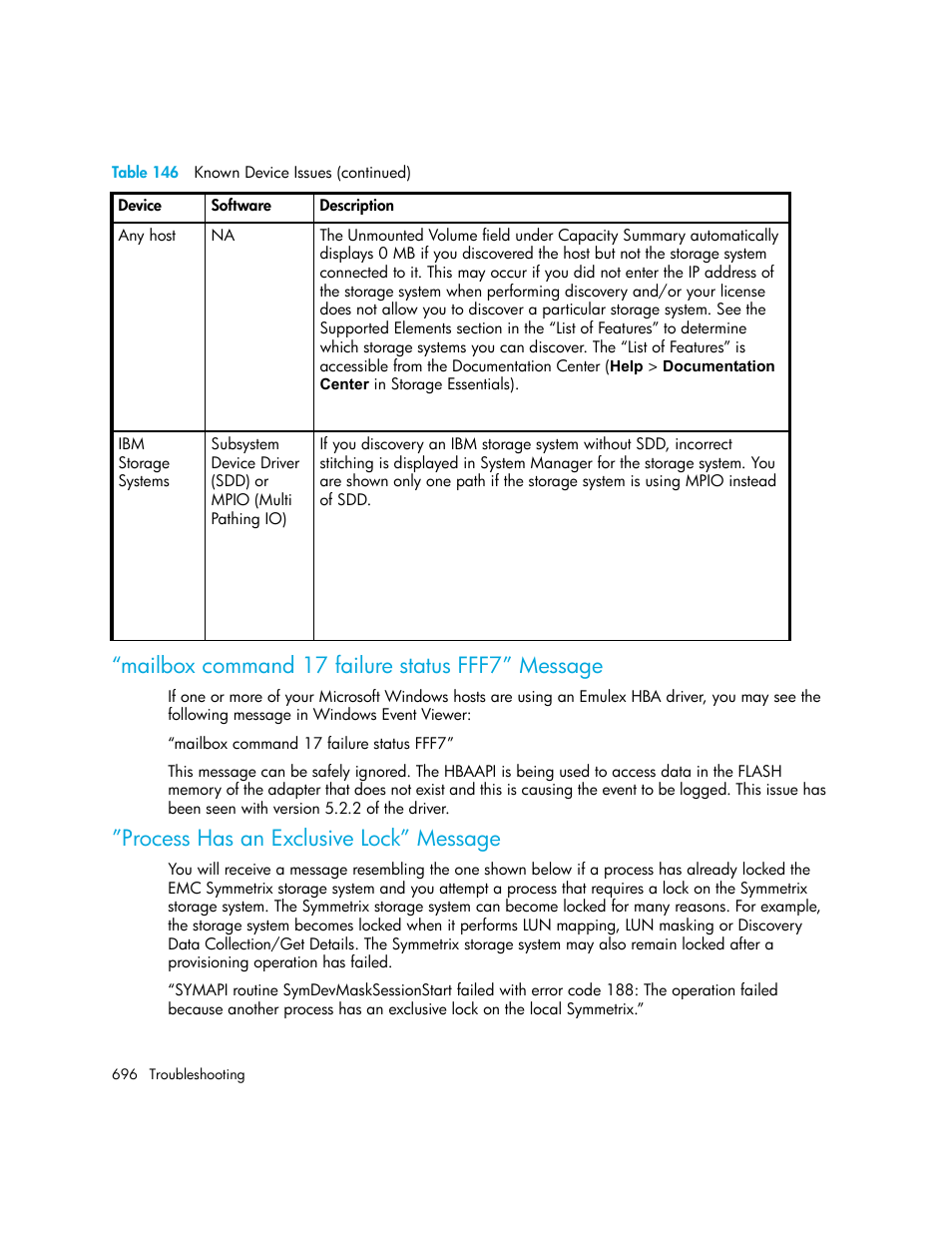 Mailbox command 17 failure status fff7” message, Process has an exclusive lock” message | HP Storage Essentials NAS Manager Software User Manual | Page 728 / 770