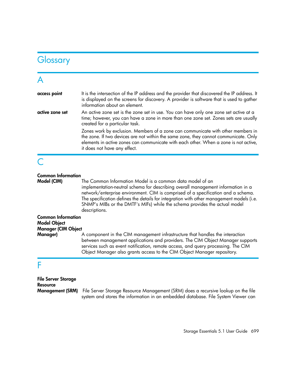 Glossary a c f, Glossary, Glossary a | HP Storage Essentials NAS Manager Software User Manual | Page 731 / 770