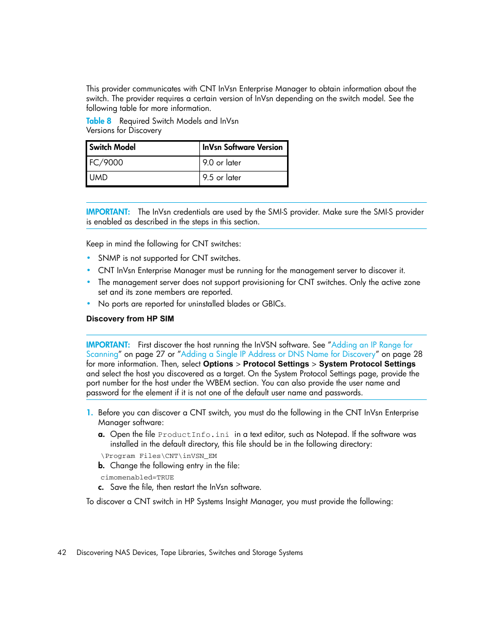 Discovery from hp sim, 8 required, Switch | Models and invsn, Versions for discovery42 | HP Storage Essentials NAS Manager Software User Manual | Page 74 / 770