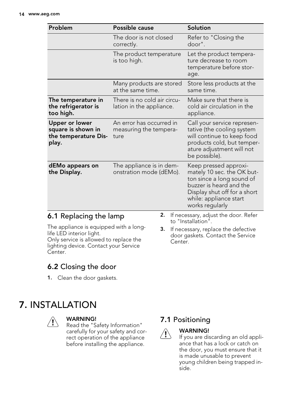 Installation, 1 replacing the lamp, 2 closing the door | 1 positioning | AEG SKZ81200F0 User Manual | Page 14 / 76