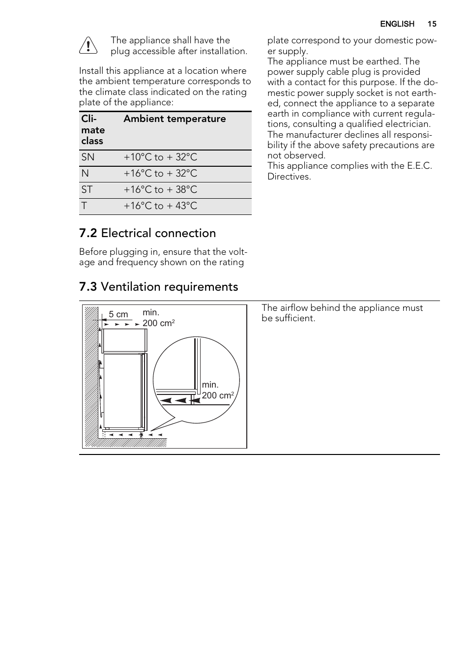 2 electrical connection, 3 ventilation requirements | AEG SKZ81200F0 User Manual | Page 15 / 76