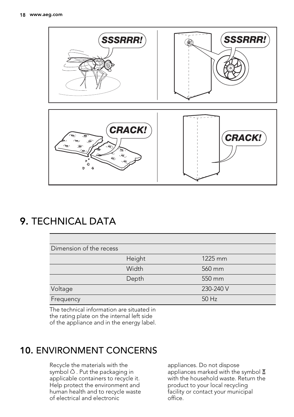 Technical data, Sssrrr, Crack | Environment concerns | AEG SKZ81200F0 User Manual | Page 18 / 76