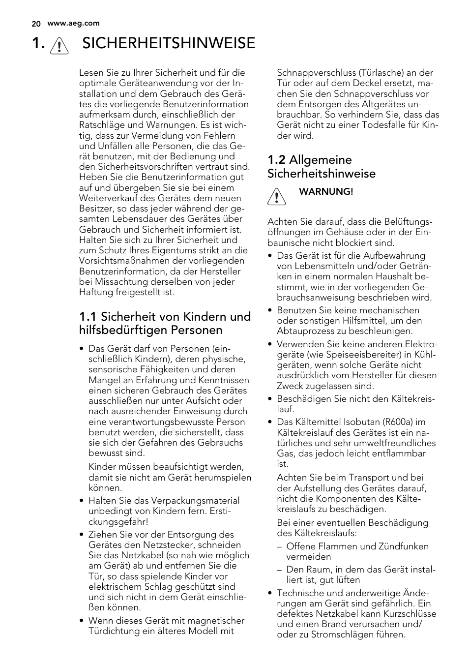 Sicherheitshinweise, 2 allgemeine sicherheitshinweise | AEG SKZ81200F0 User Manual | Page 20 / 76