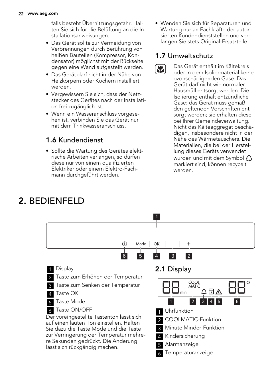 Bedienfeld, 6 kundendienst, 7 umweltschutz | 1 display | AEG SKZ81200F0 User Manual | Page 22 / 76