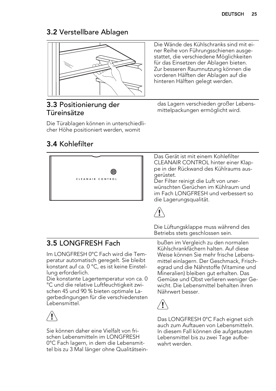 2 verstellbare ablagen, 3 positionierung der türeinsätze, 4 kohlefilter | 5 longfresh fach | AEG SKZ81200F0 User Manual | Page 25 / 76