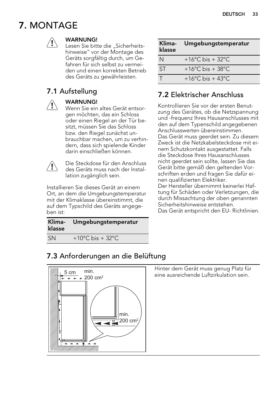 Montage, 1 aufstellung, 2 elektrischer anschluss | 3 anforderungen an die belüftung | AEG SKZ81200F0 User Manual | Page 33 / 76
