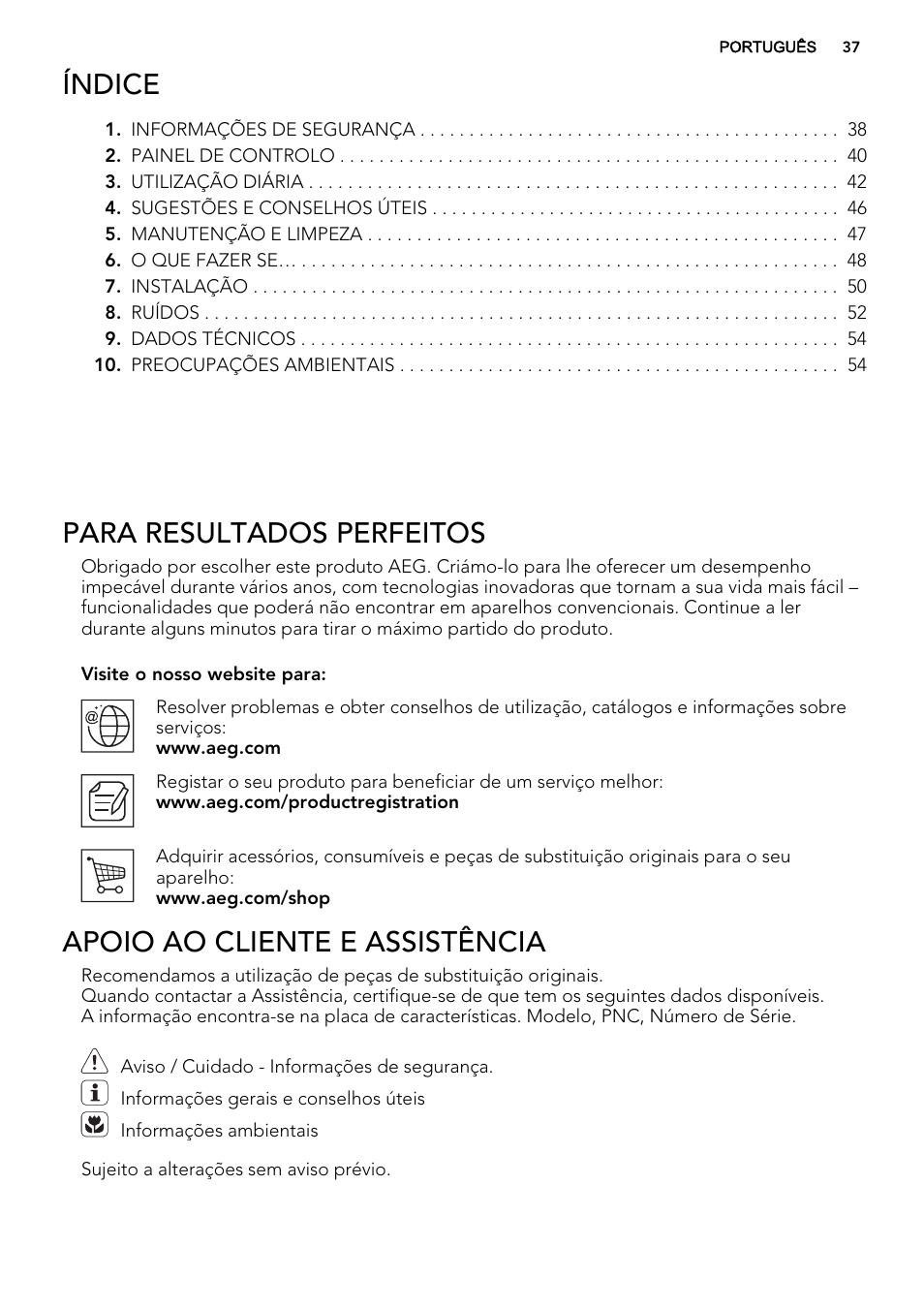 Índice, Para resultados perfeitos, Apoio ao cliente e assistência | AEG SKZ81200F0 User Manual | Page 37 / 76