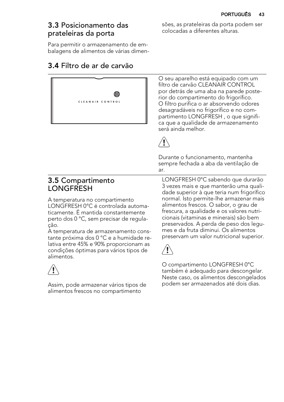 3 posicionamento das prateleiras da porta, 4 filtro de ar de carvão, 5 compartimento longfresh | AEG SKZ81200F0 User Manual | Page 43 / 76