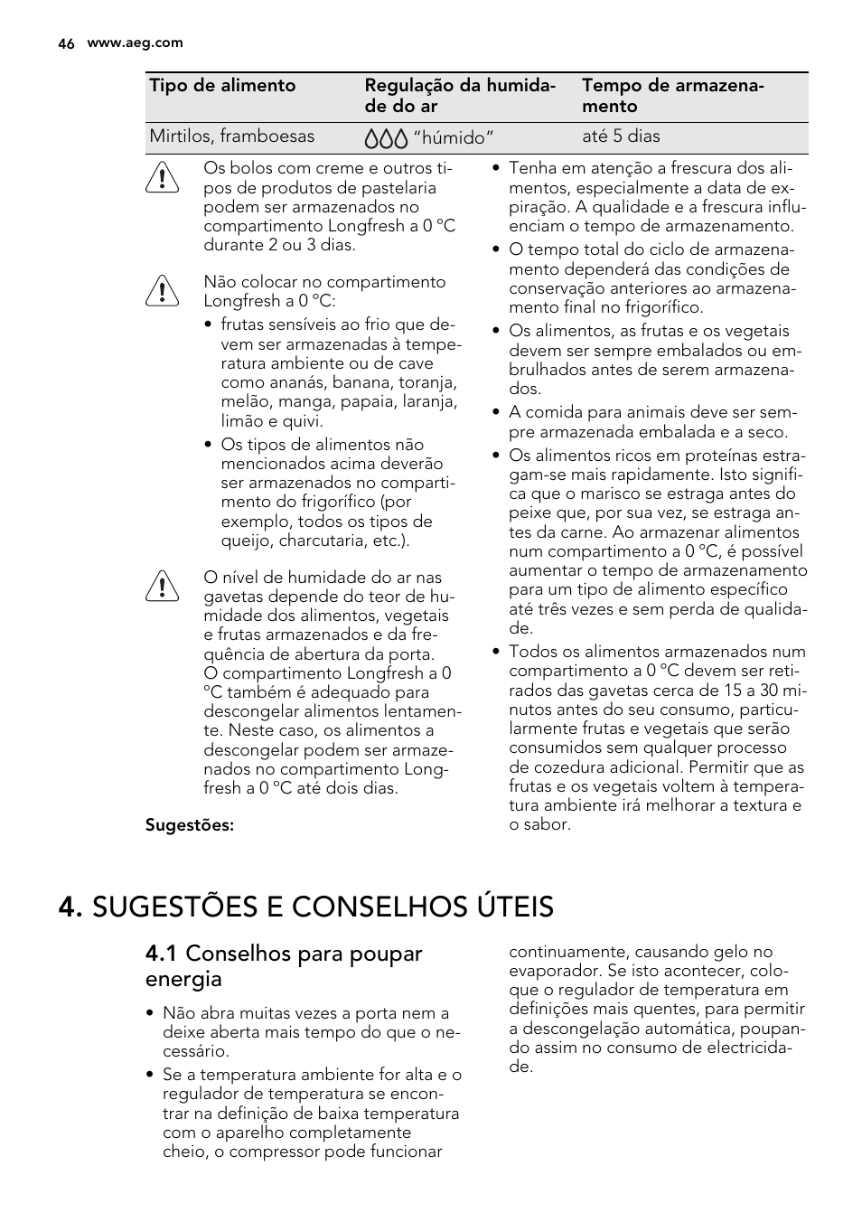 Sugestões e conselhos úteis, 1 conselhos para poupar energia | AEG SKZ81200F0 User Manual | Page 46 / 76