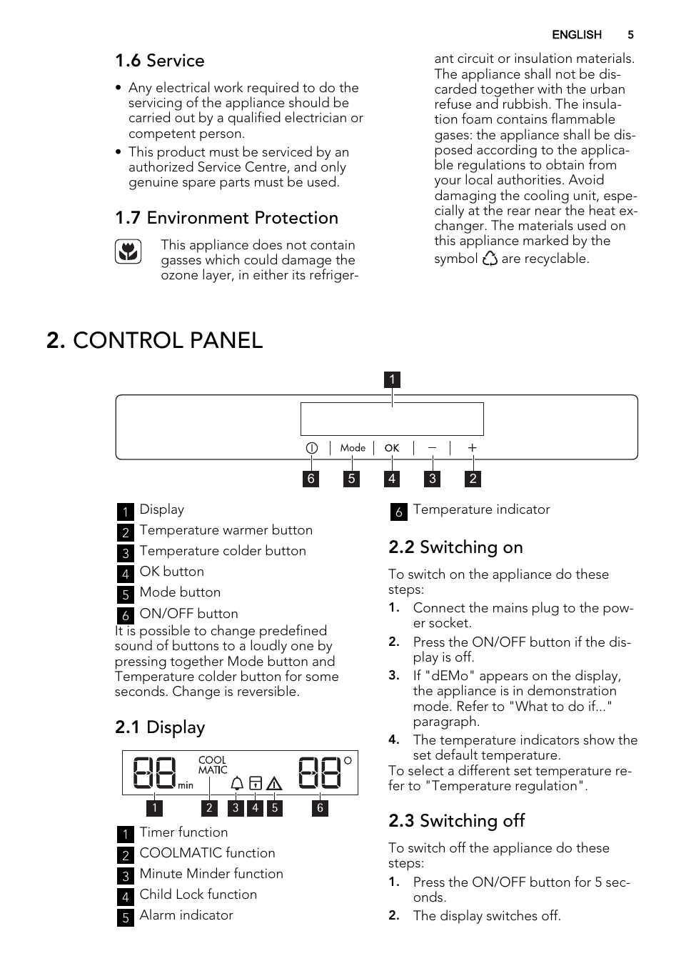 Control panel, 6 service, 7 environment protection | 1 display, 2 switching on, 3 switching off | AEG SKZ81200F0 User Manual | Page 5 / 76