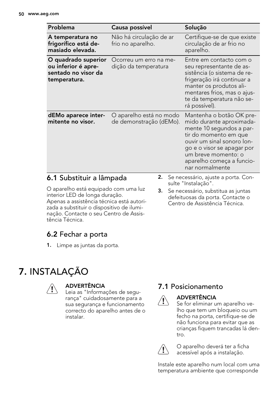 Instalação, 1 substituir a lâmpada, 2 fechar a porta | 1 posicionamento | AEG SKZ81200F0 User Manual | Page 50 / 76