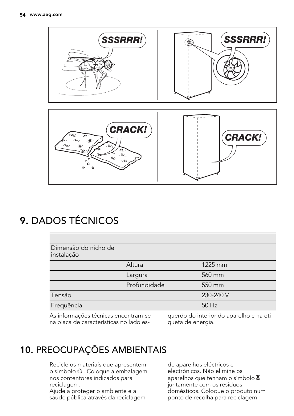 Dados técnicos, Sssrrr, Crack | Preocupações ambientais | AEG SKZ81200F0 User Manual | Page 54 / 76