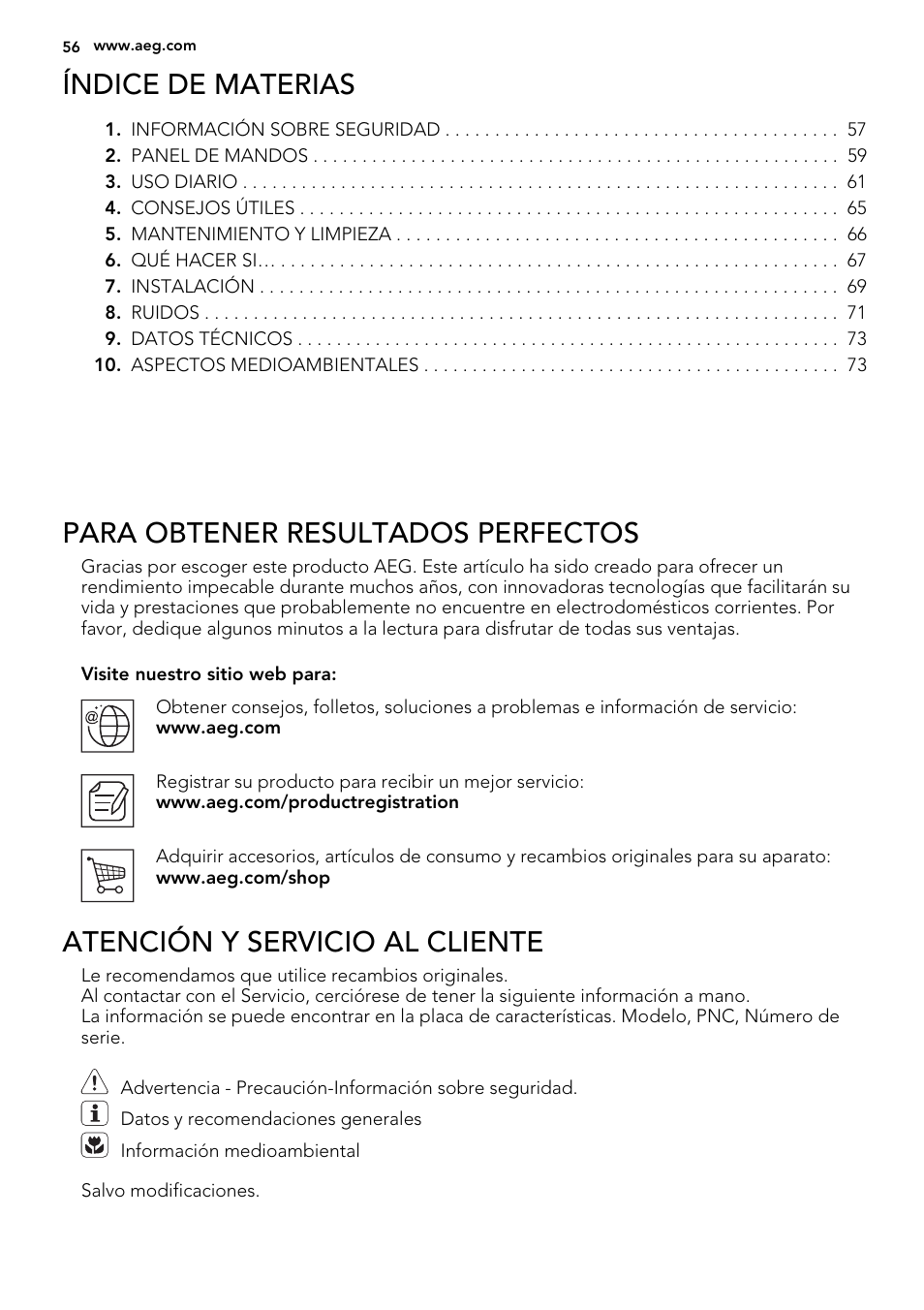 Índice de materias, Para obtener resultados perfectos, Atención y servicio al cliente | AEG SKZ81200F0 User Manual | Page 56 / 76