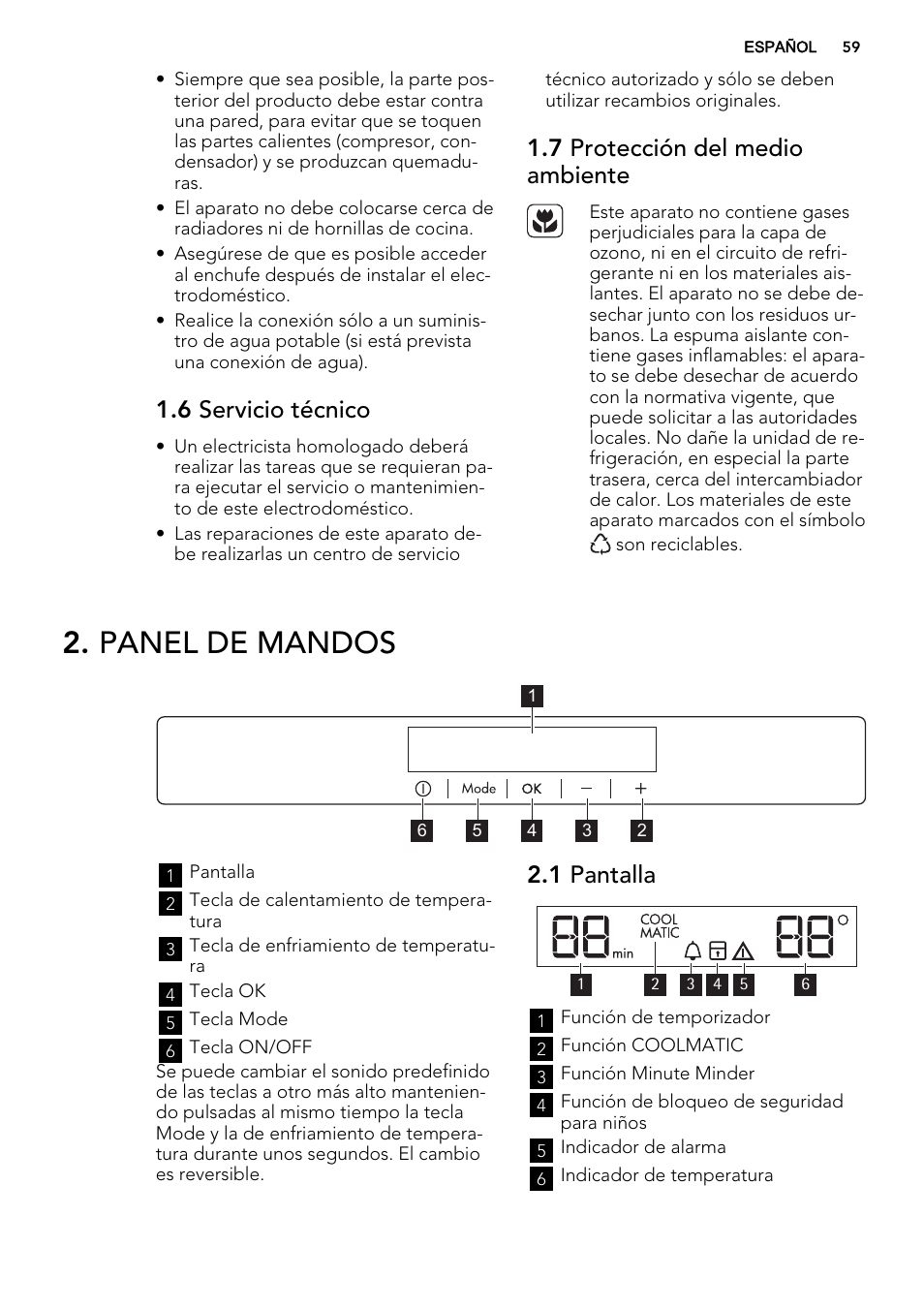 Panel de mandos, 6 servicio técnico, 7 protección del medio ambiente | 1 pantalla | AEG SKZ81200F0 User Manual | Page 59 / 76