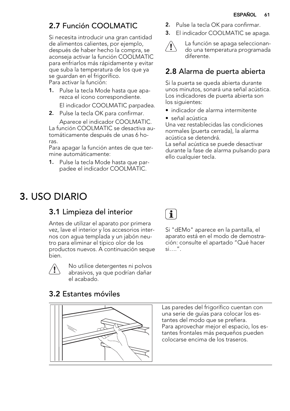 Uso diario, 7 función coolmatic, 8 alarma de puerta abierta | 1 limpieza del interior, 2 estantes móviles | AEG SKZ81200F0 User Manual | Page 61 / 76