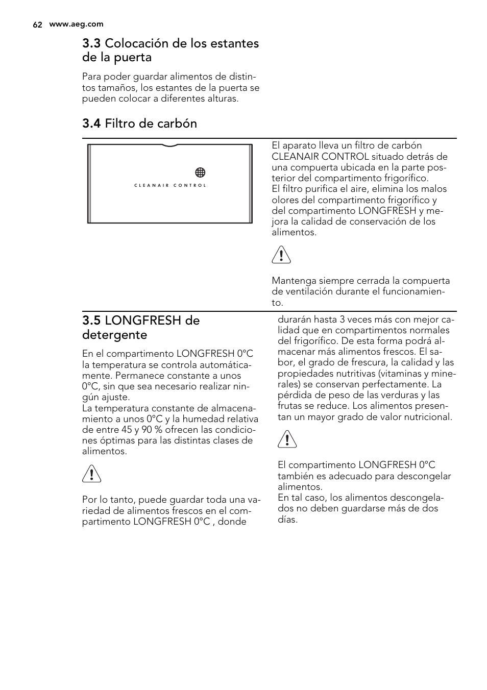 3 colocación de los estantes de la puerta, 4 filtro de carbón, 5 longfresh de detergente | AEG SKZ81200F0 User Manual | Page 62 / 76