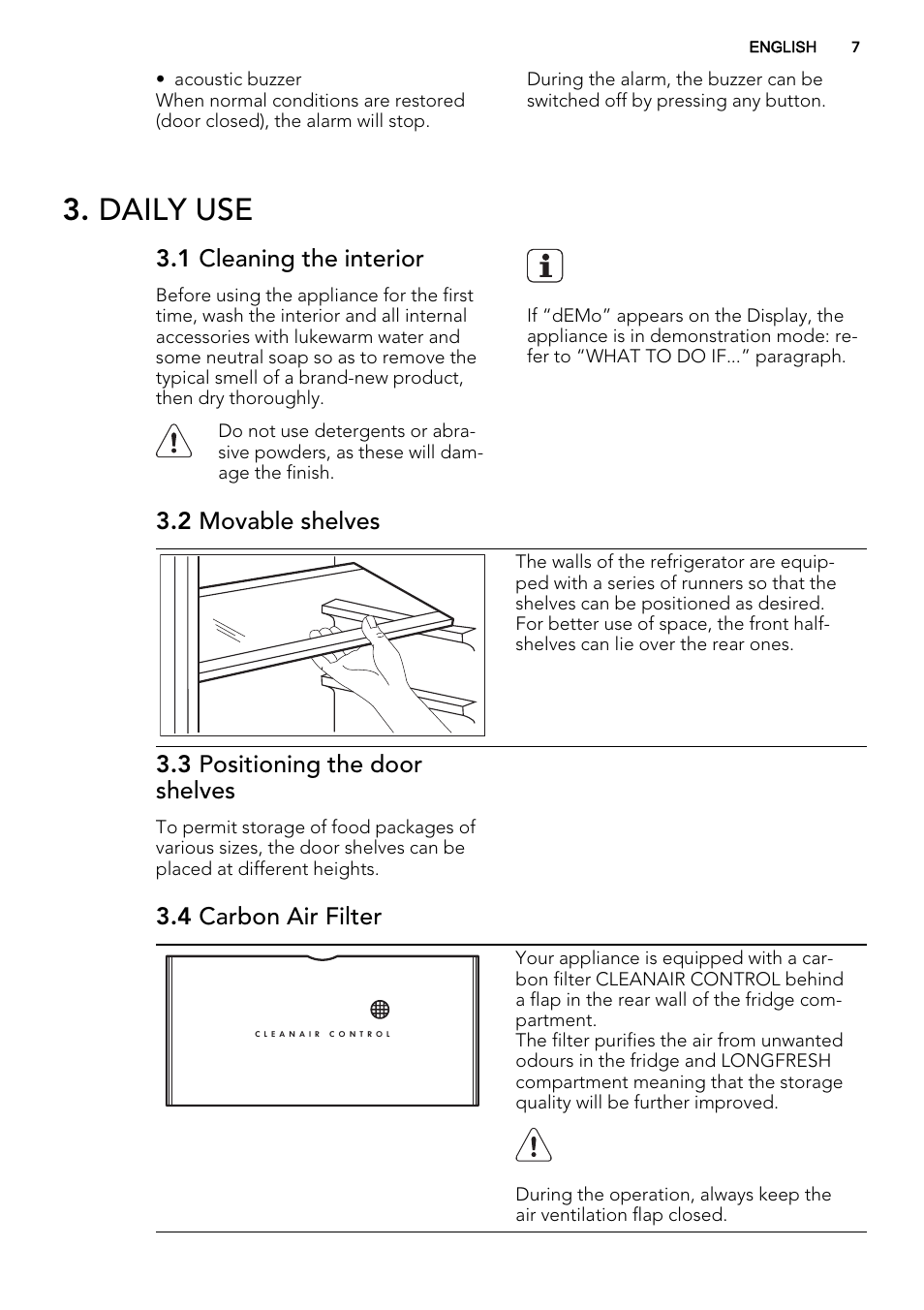 Daily use, 1 cleaning the interior, 2 movable shelves | 3 positioning the door shelves, 4 carbon air filter | AEG SKZ81200F0 User Manual | Page 7 / 76