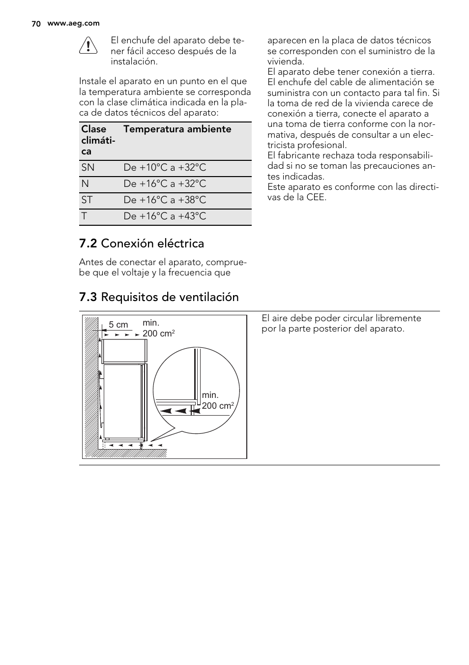 2 conexión eléctrica, 3 requisitos de ventilación | AEG SKZ81200F0 User Manual | Page 70 / 76