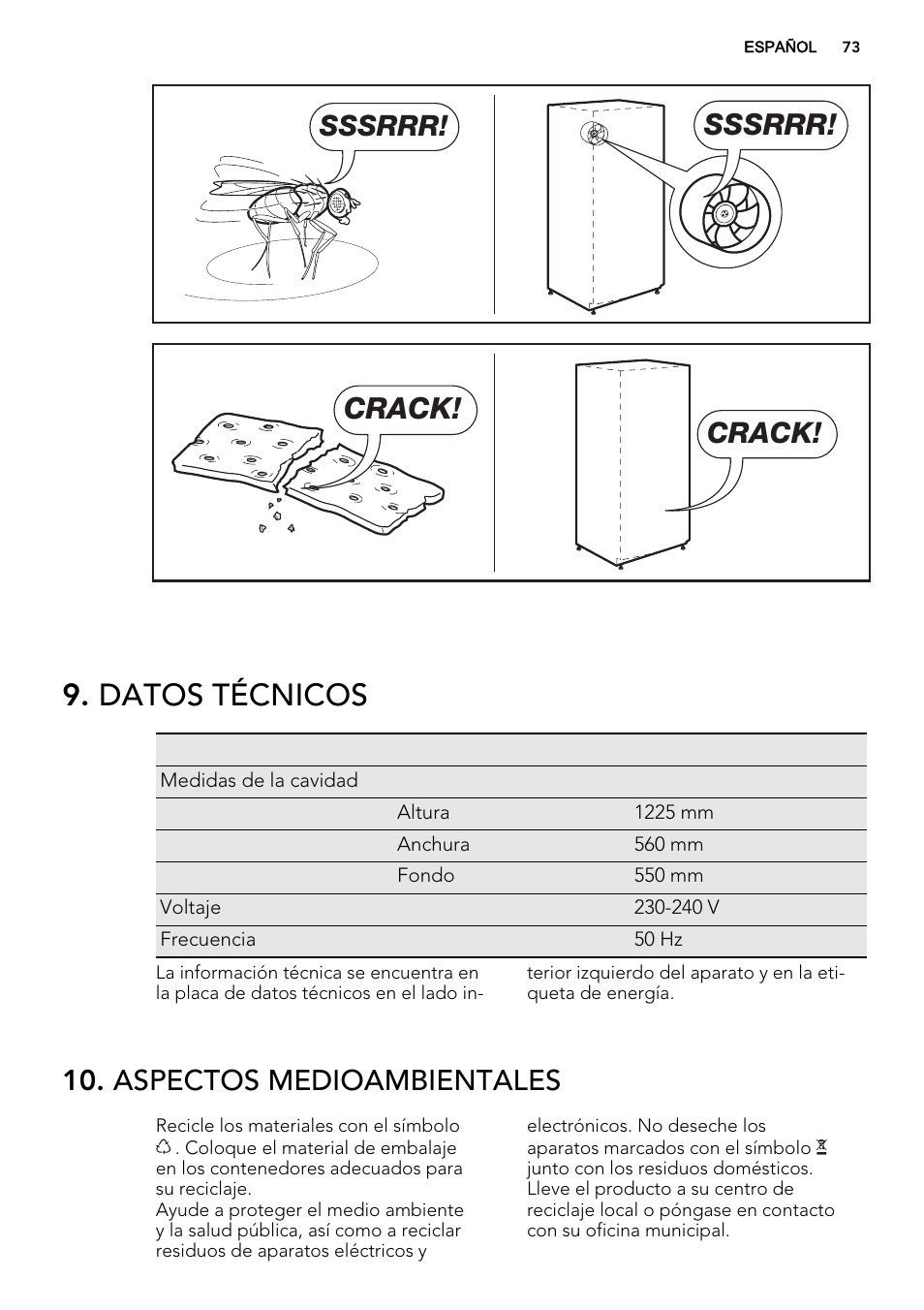 Datos técnicos, Sssrrr, Crack | Aspectos medioambientales | AEG SKZ81200F0 User Manual | Page 73 / 76
