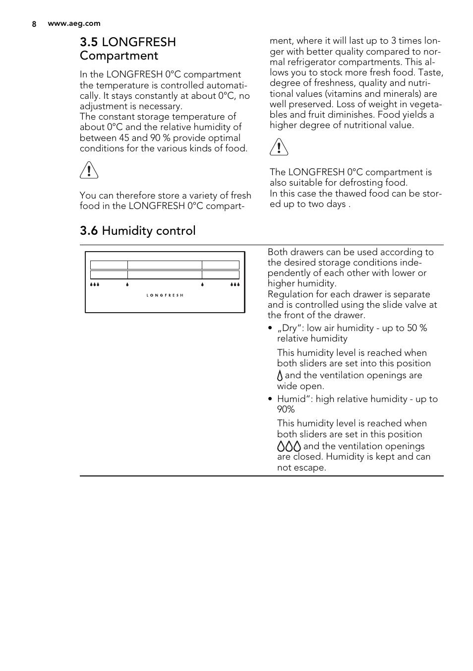 5 longfresh compartment, 6 humidity control | AEG SKZ81200F0 User Manual | Page 8 / 76