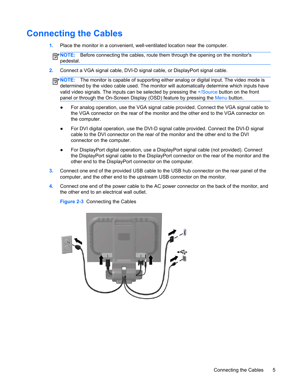 Connecting the cables | HP Compaq LA2405x 24-inch LED Backlit LCD Monitor User Manual | Page 11 / 28